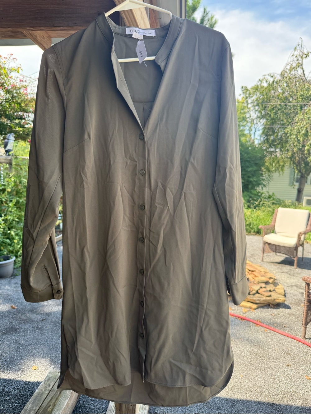 BCBGeneration Olive Green Long Button-Front Trench Shirt